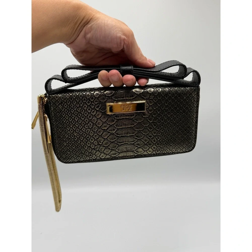 ZAC Zac Posen Metallic Snake Embossed Bow Zip Around Wristlet Wallet AS IS